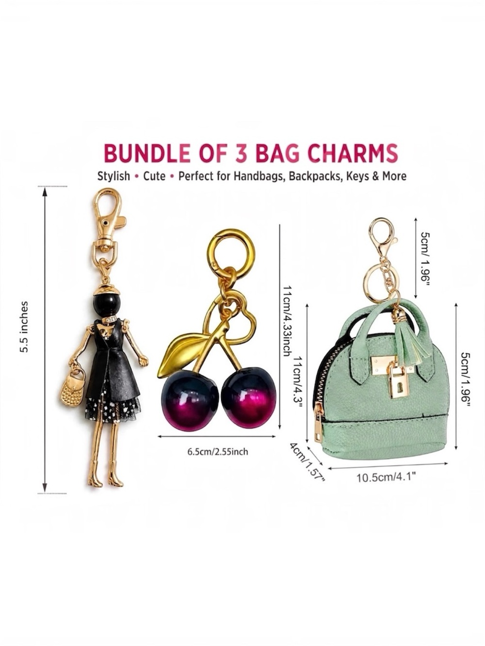Bundle of 3 Bag Charms - Doll Keychain, Cherry Keychain & Mini Purse Charm 🍒 - Picture 5 of 16